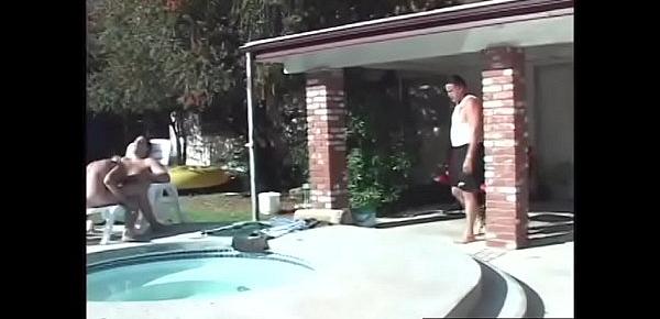  Old lady fucks in backyard by the pool